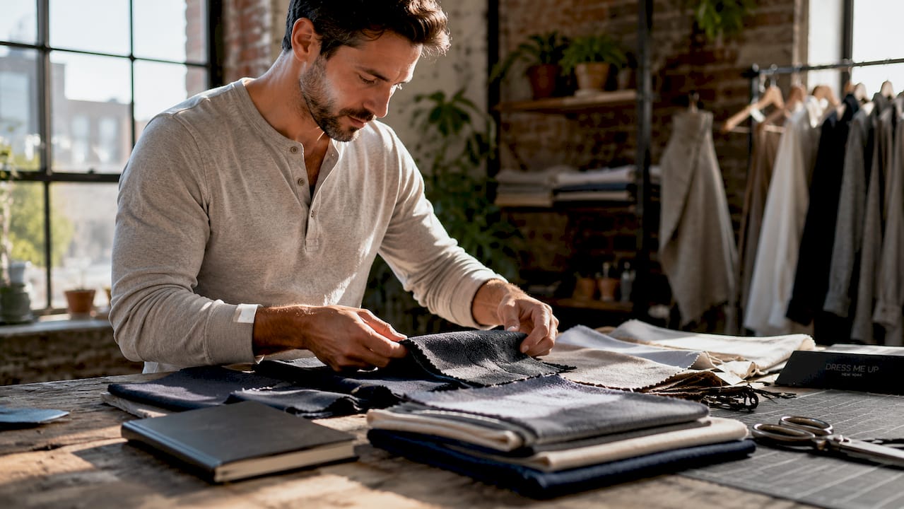 Hands selecting sustainable formal dress fabrics on table
