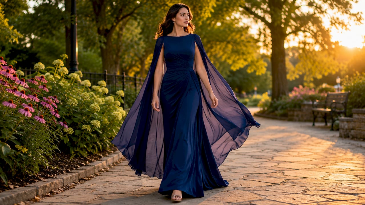 Woman walking with flowing cape sleeves outdoors