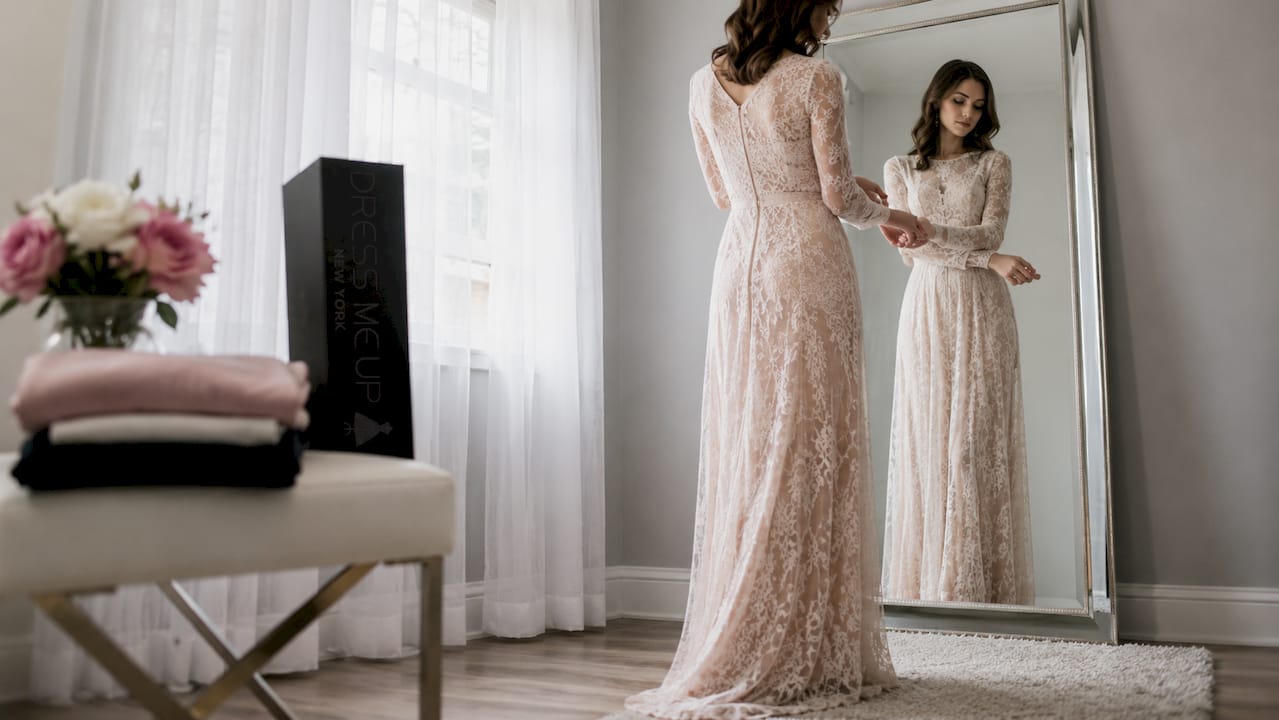 Woman adjusting long sleeve formal dress