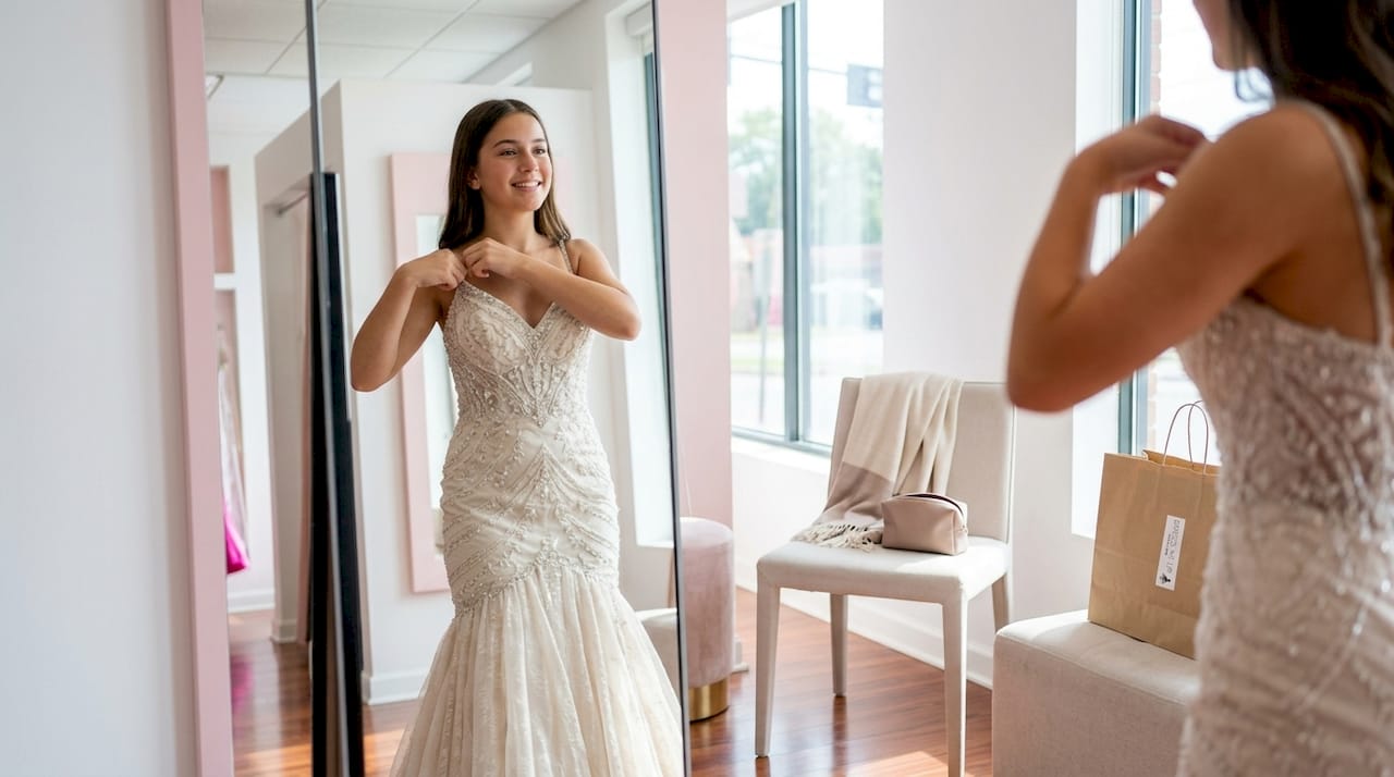 Teen girl fitting Jovani dress at venue dressing room
