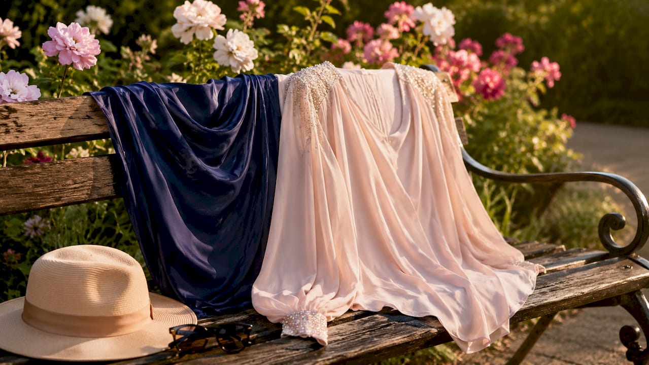 Close-up of silk and chiffon formal evening tops on table