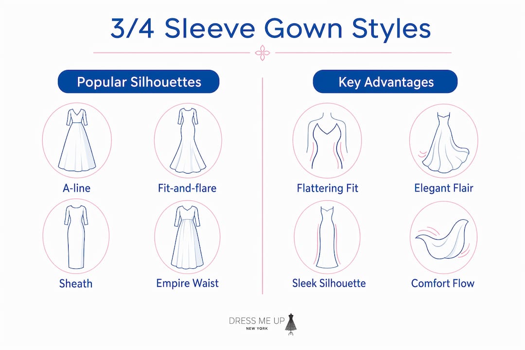 Infographic comparing 3/4 sleeve gown silhouettes and advantages