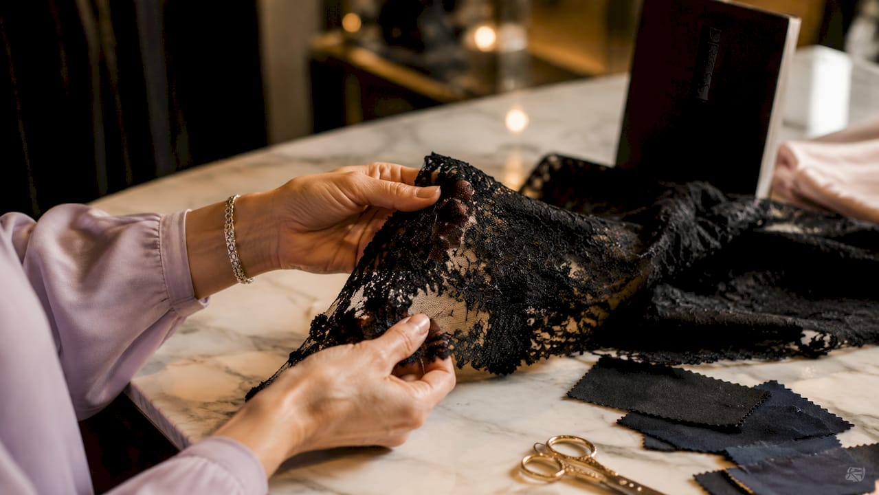 Close-up of hands touching luxury dress fabric