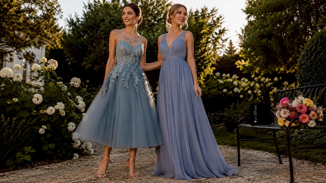 Two models comparing midi and floor-length dresses