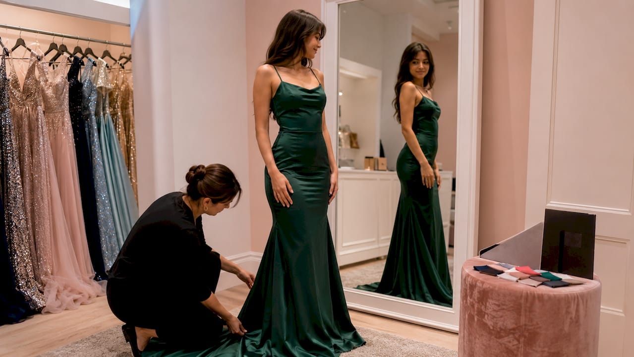 Teen girl trying on floor-length formal gown