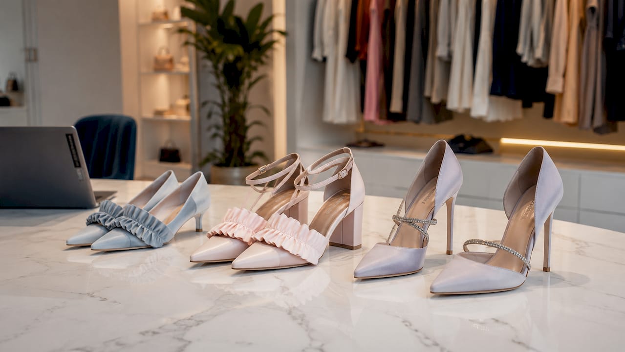 Overhead view of three types of women’s formal shoe heels