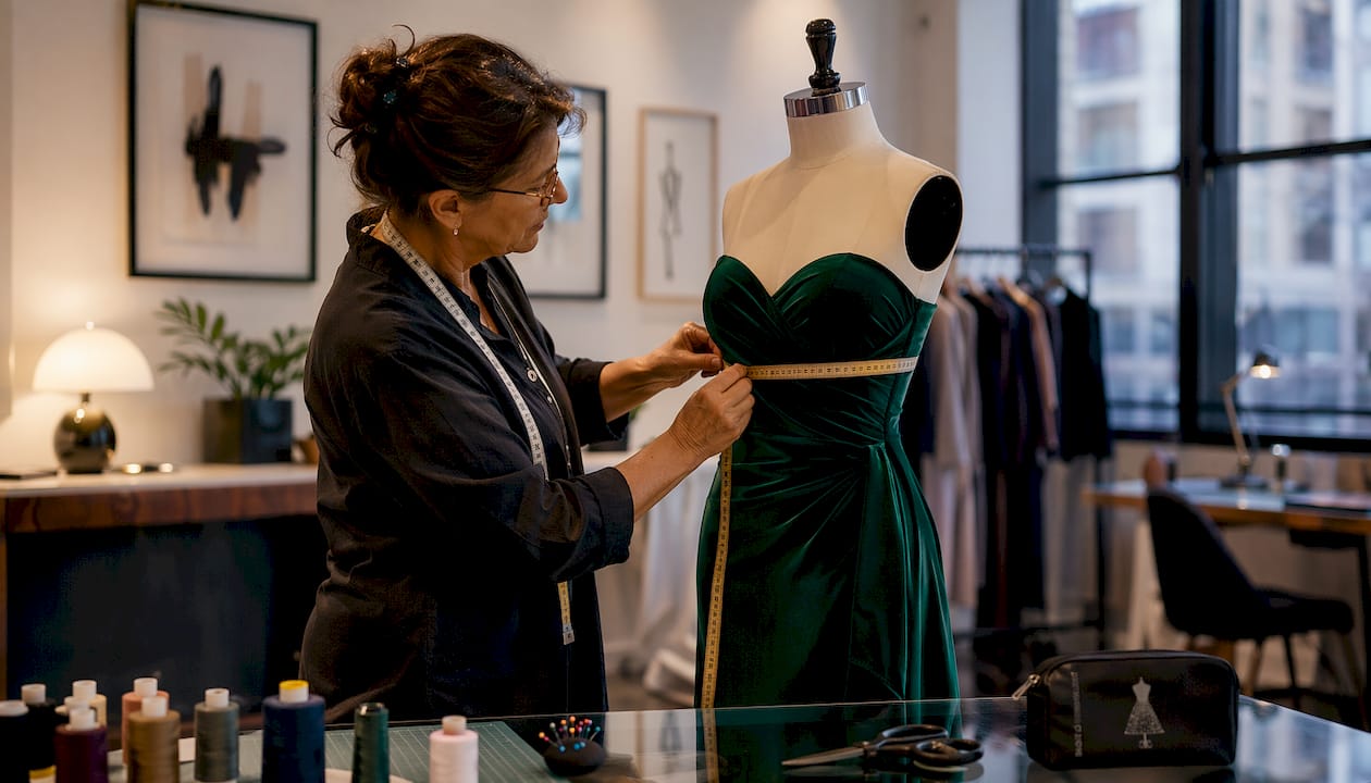 Tailor fitting evening gown in studio