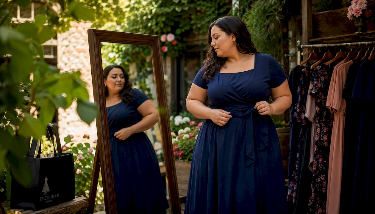 Plus size woman trying on semi formal dress in boutique