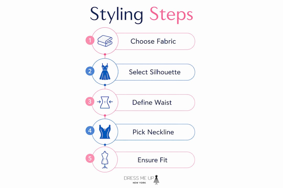 Infographic illustrating steps to style plus size semi formal dresses