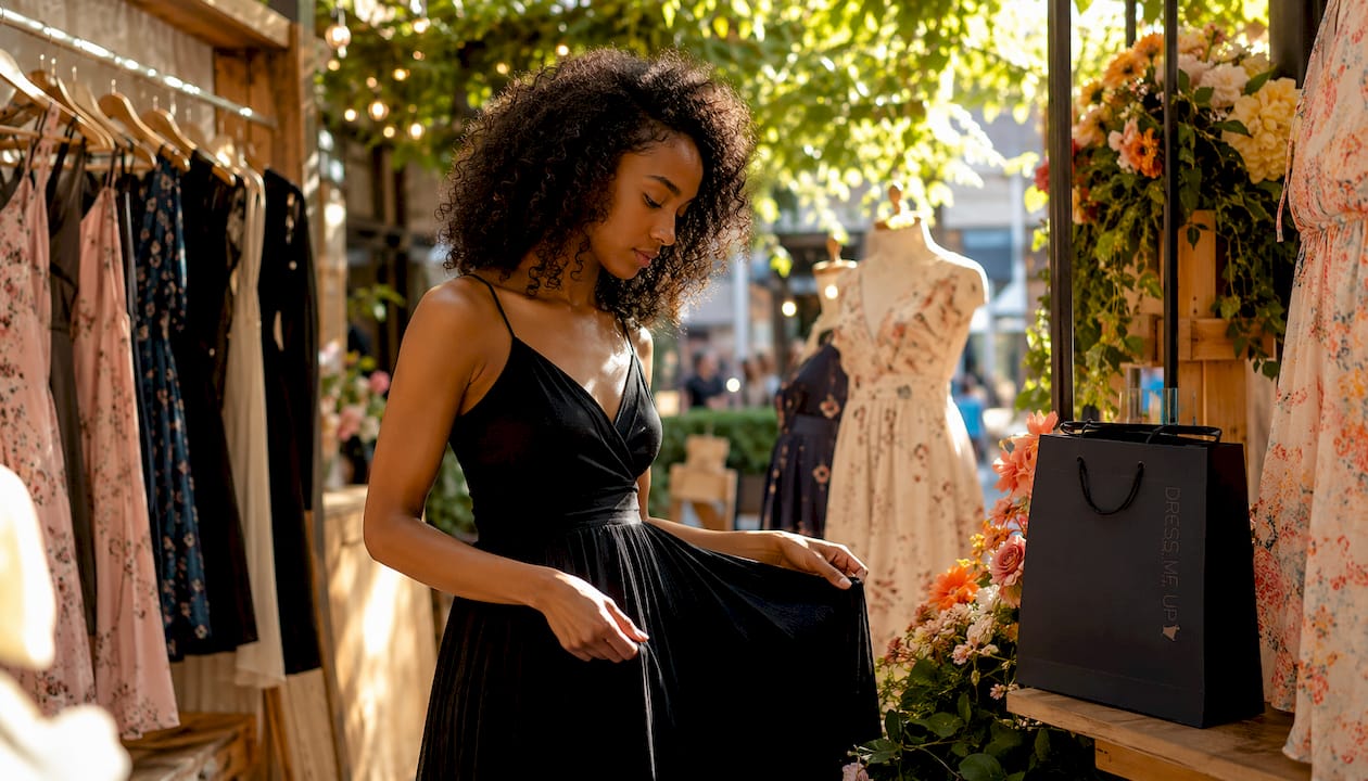Woman examining affordable elegant evening dress