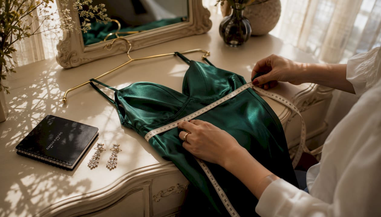 Overhead view of dress and tailoring tools