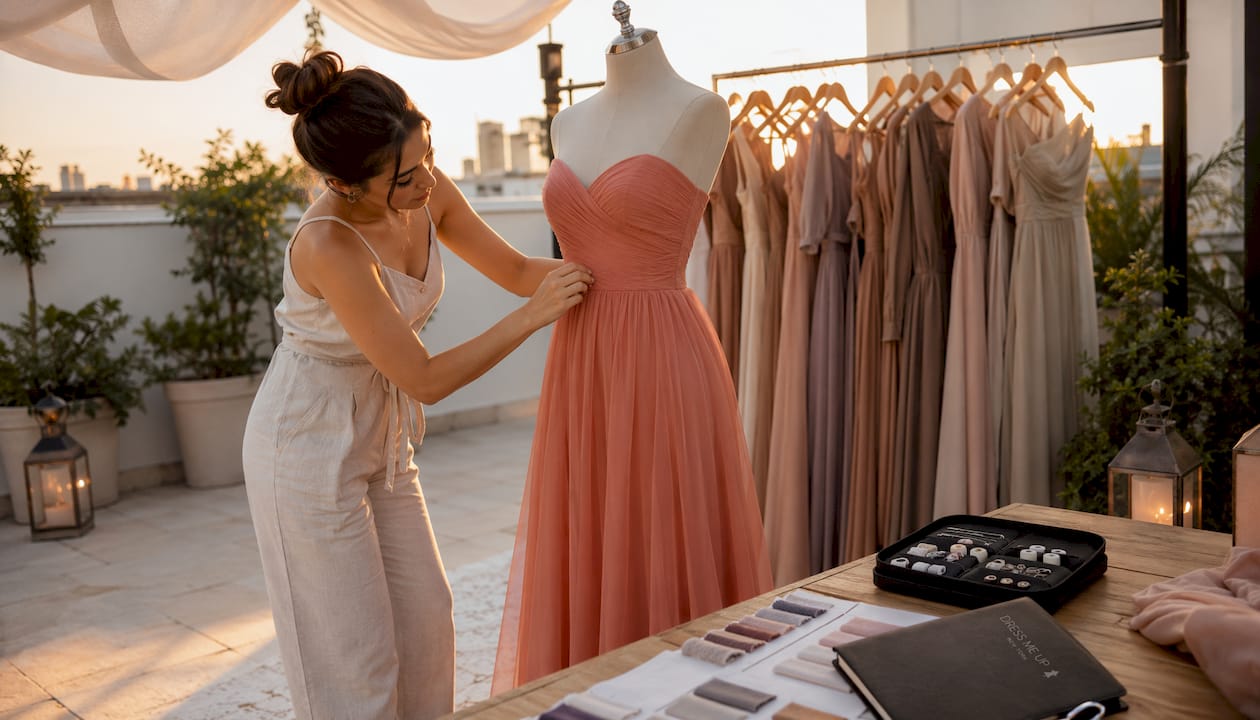 Stylist adjusting classic bridesmaid dress