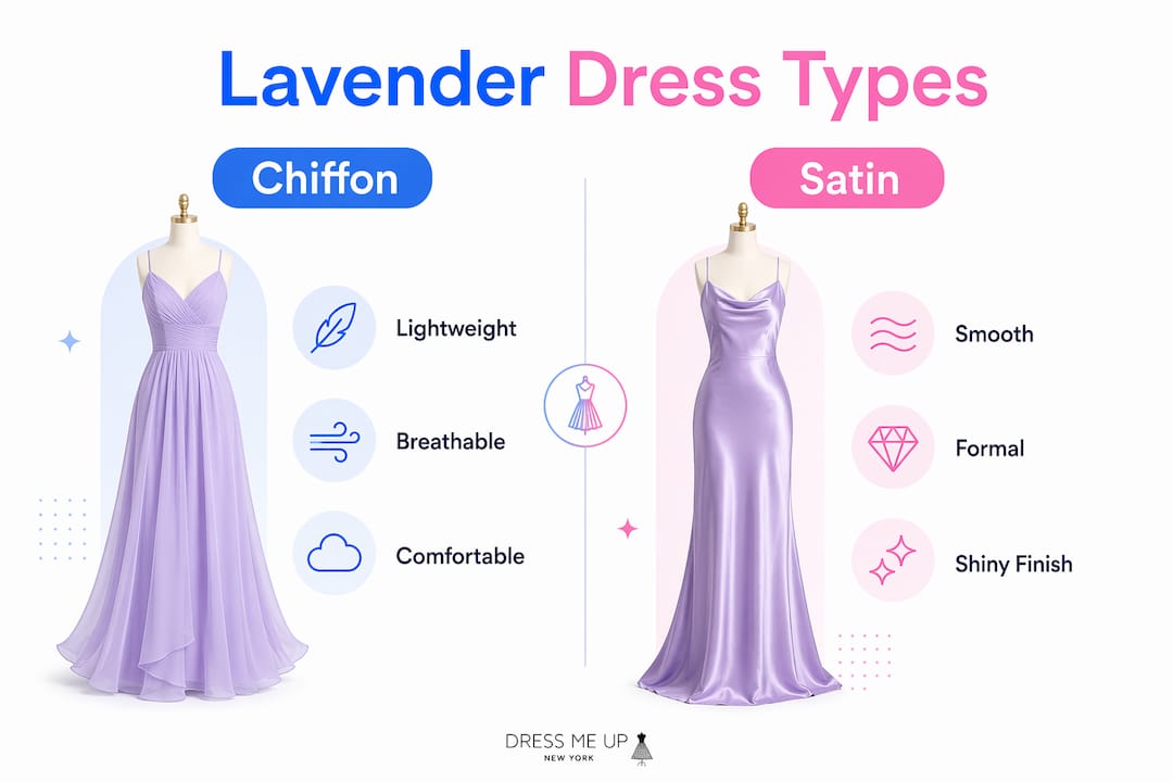Infographic comparing chiffon and satin lavender prom dresses