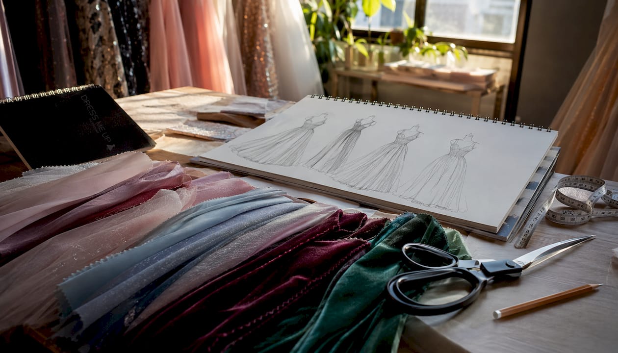 Table with prom dress fabric samples and sketches