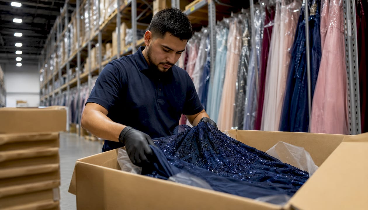 Warehouse worker packing black tie dress