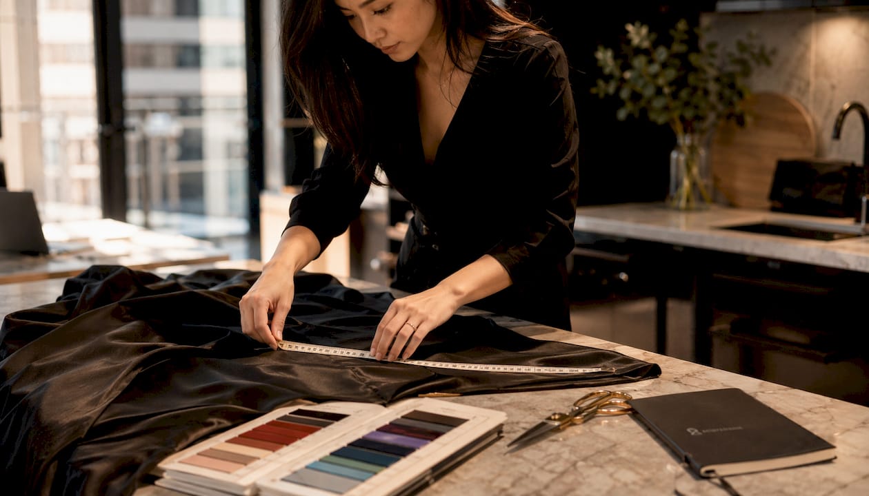 Hands measuring fabric for dress tailoring