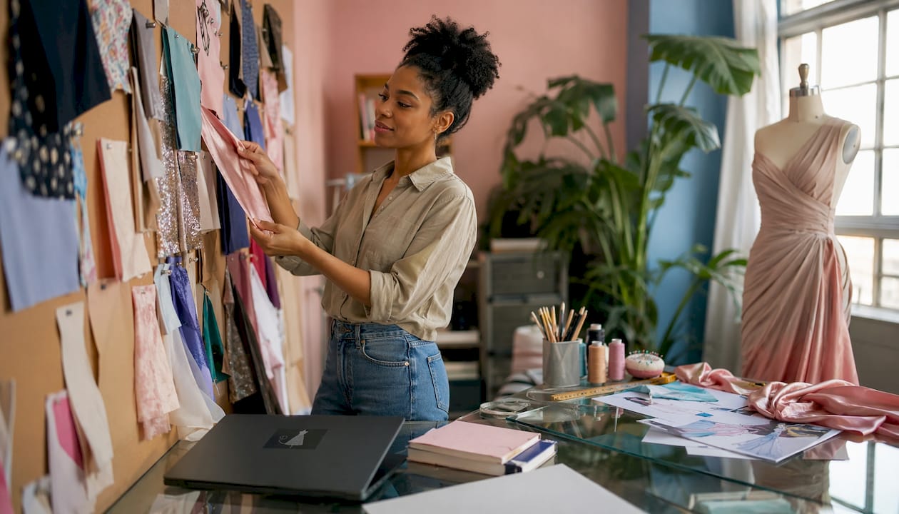 Woman selecting formal dress fabric swatches