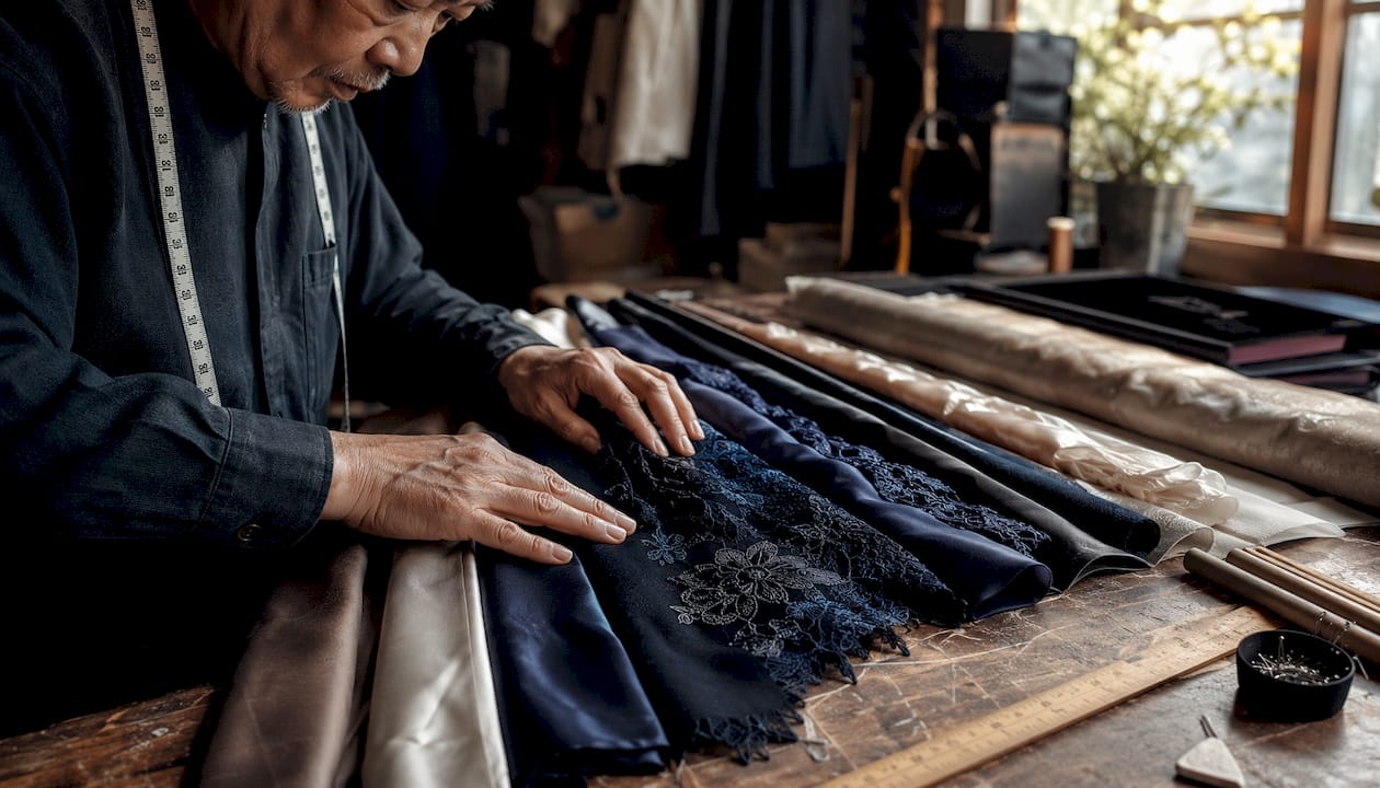 Tailor's hands touching various dress fabrics