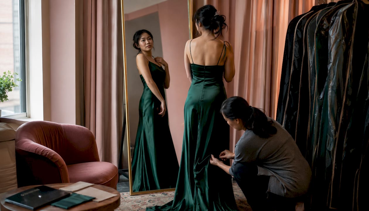 Woman fitting gala gown with seamstress