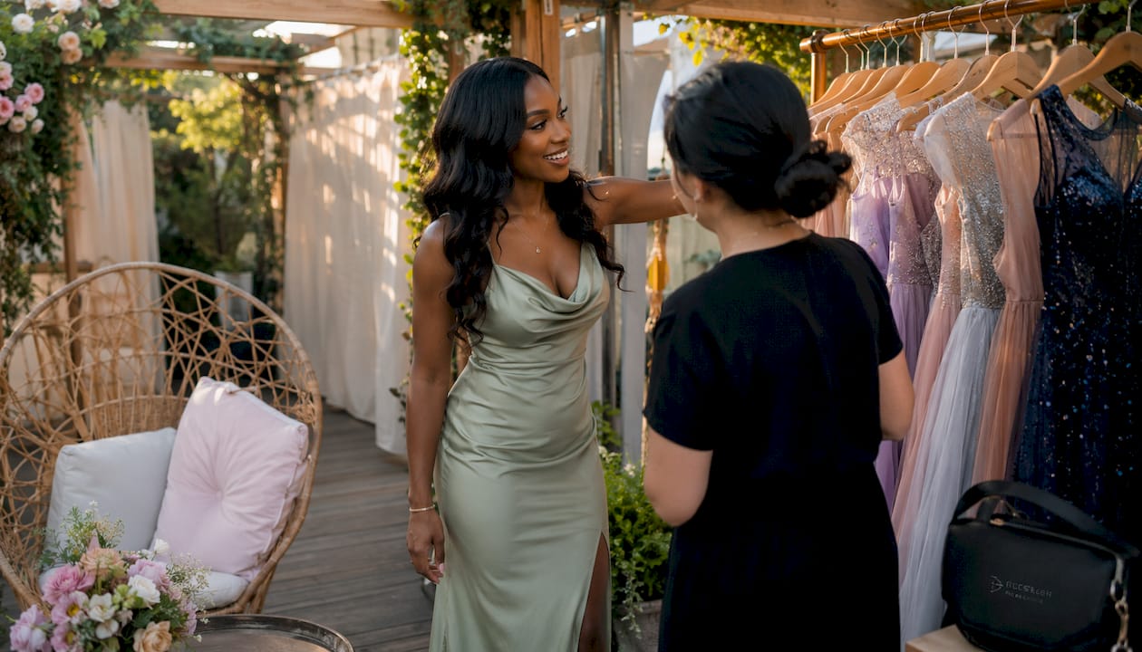 Woman consulting at gown rental boutique
