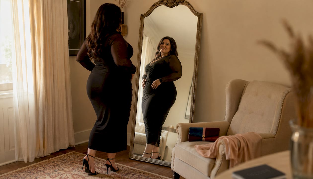 Plus size woman admiring dress with sheer sleeves