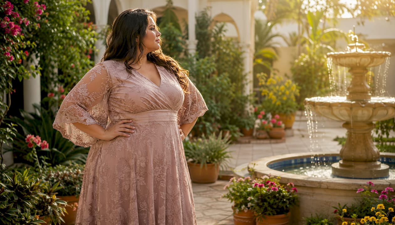 Close profile of woman in ruched three-quarter sleeve dress