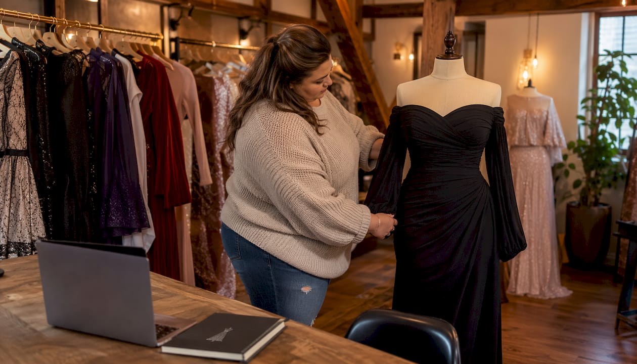Stylist adjusting flutter sleeves on plus size gown