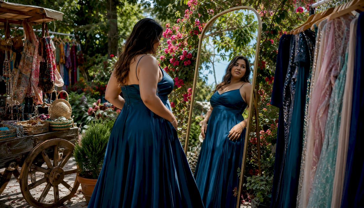Plus size woman trying special occasion dress in boutique