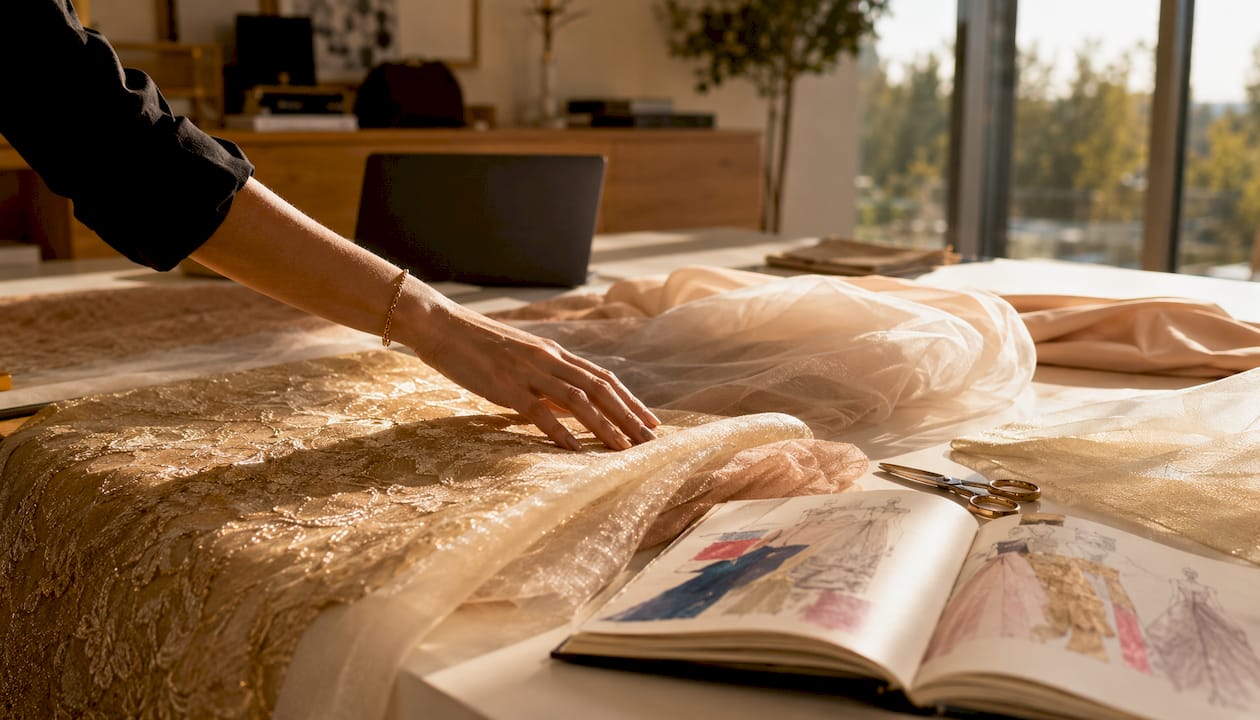Hand touching luxury formal dress fabrics close up