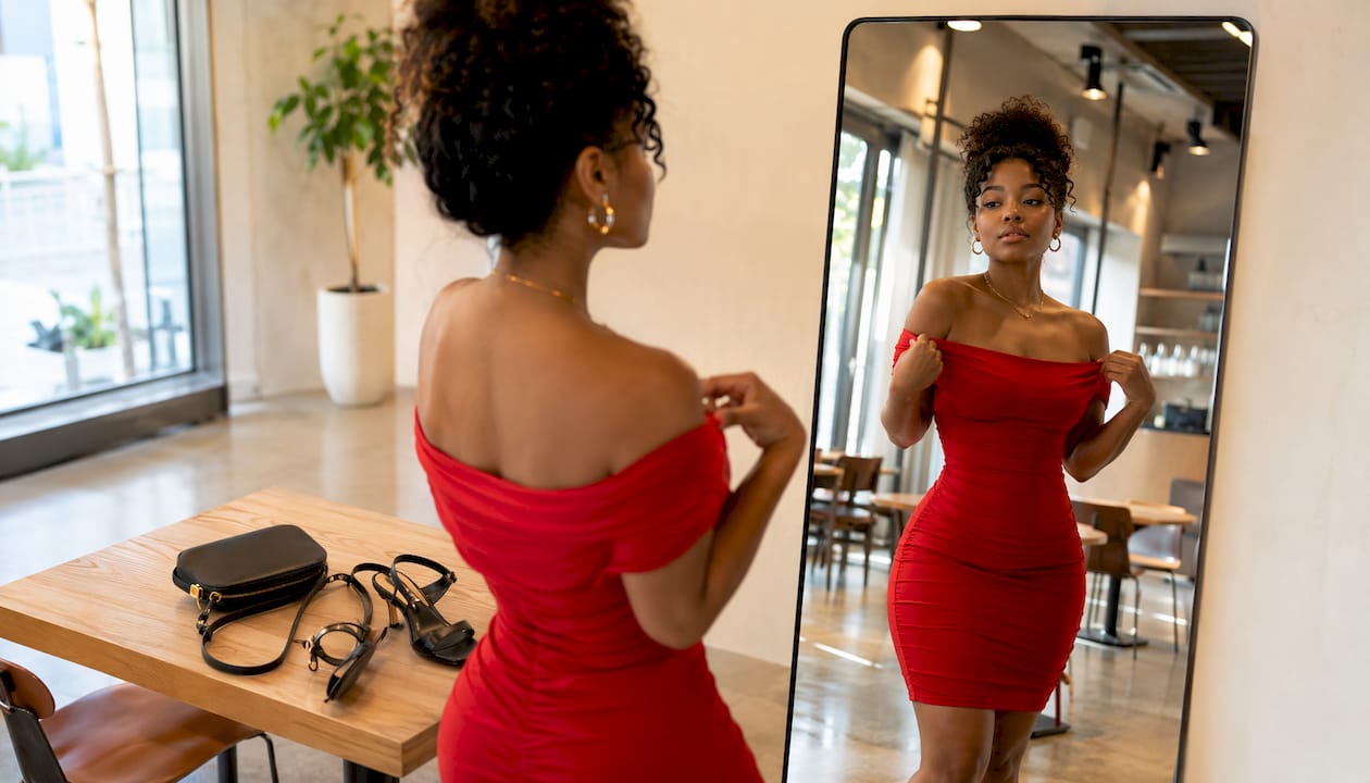 Woman trying on red off-shoulder bodycon dress