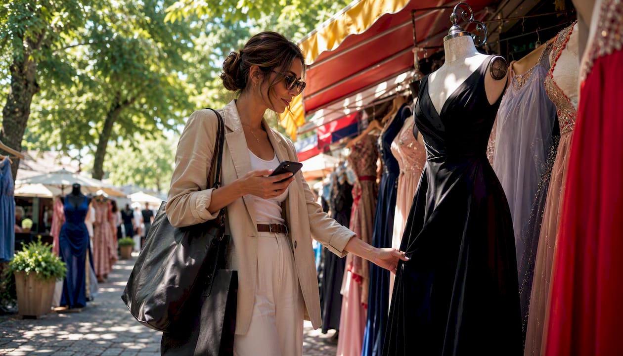 Woman browsing designer black tie dresses