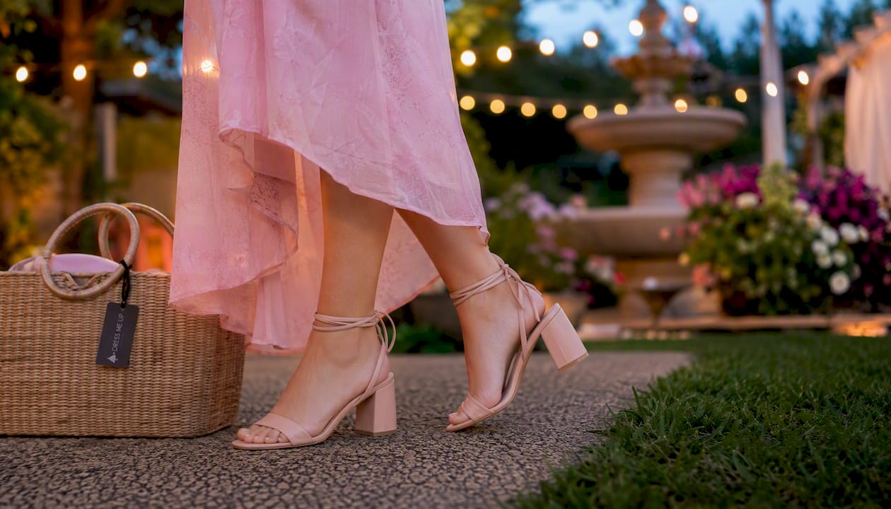 Block heels on grass and gravel outdoors