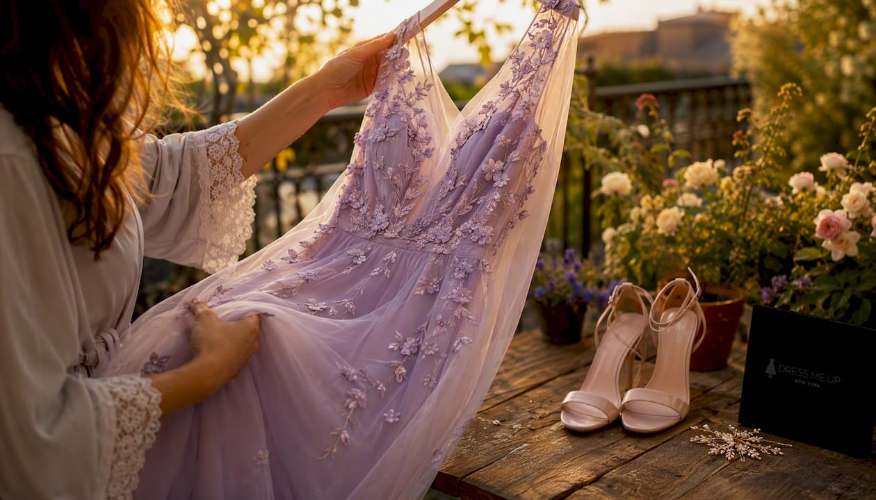 Hands holding pastel dress fabric by window