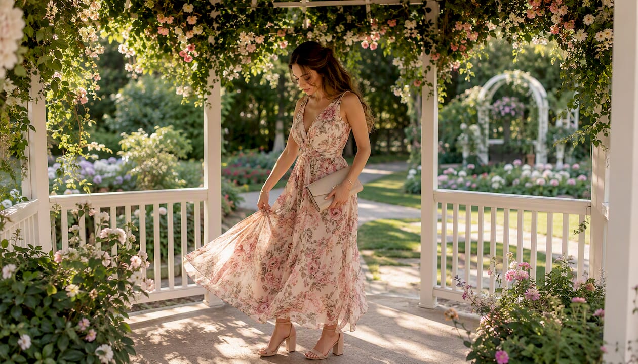Woman in floral dress at garden wedding