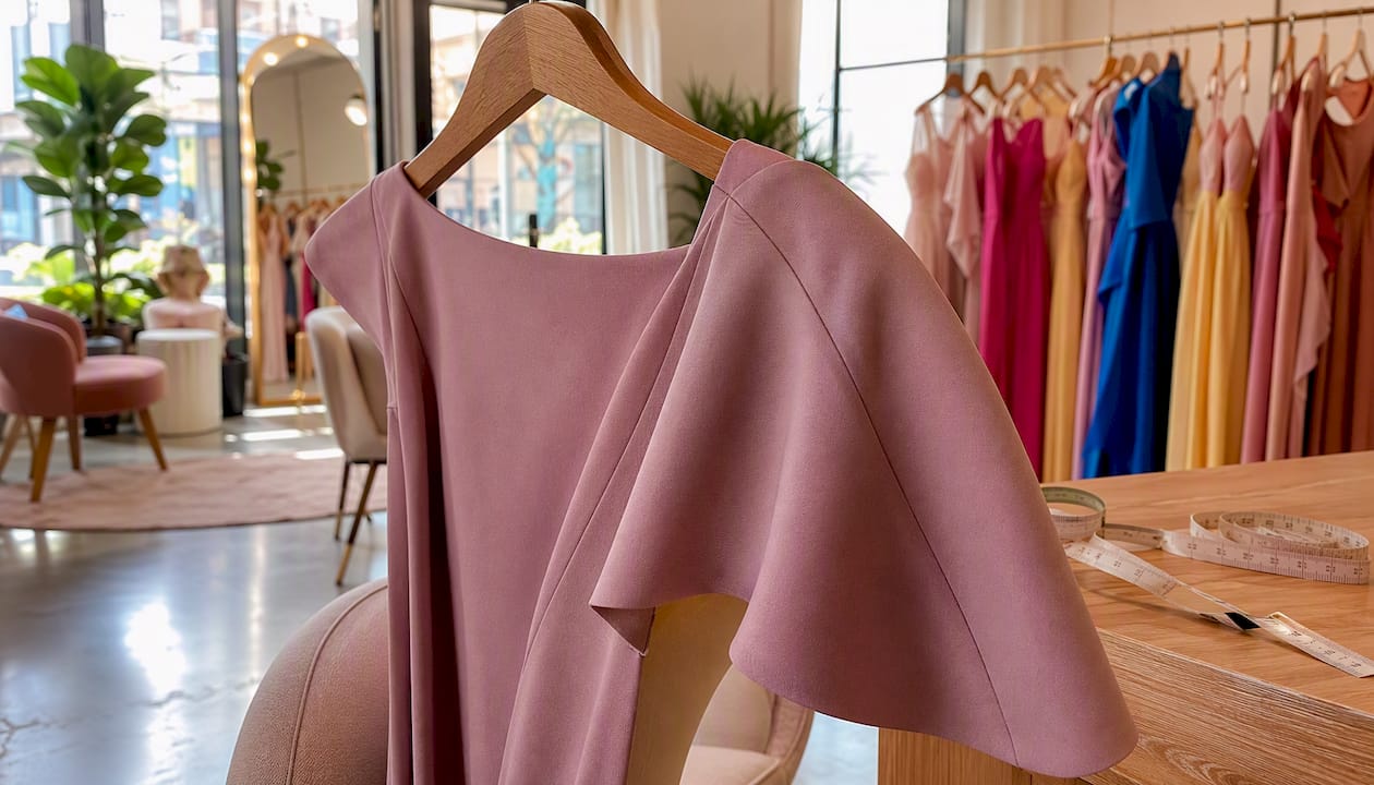 Close-up stretch crepe fabric on formal dress sleeve