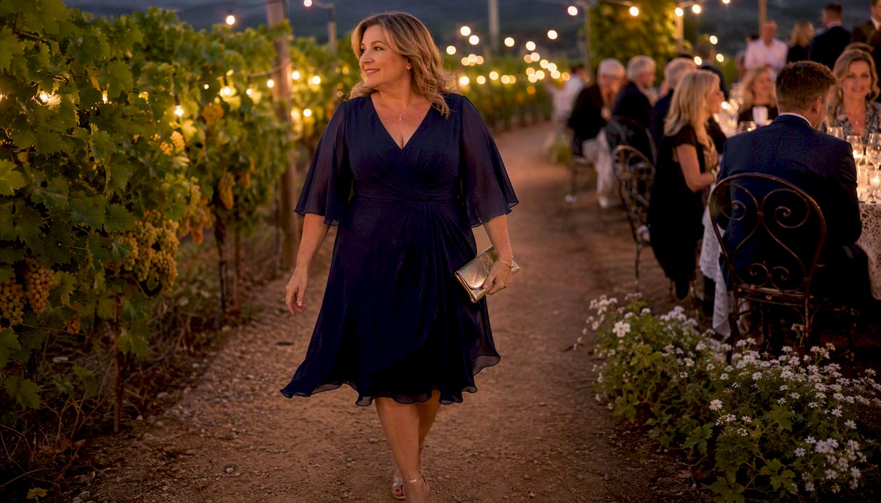 Plus size woman in 3/4 sleeve dress at wedding