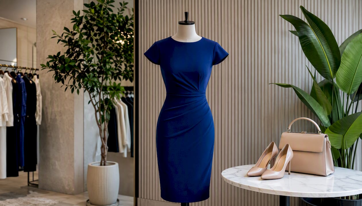 Mannequin displaying business formal midi sheath dress