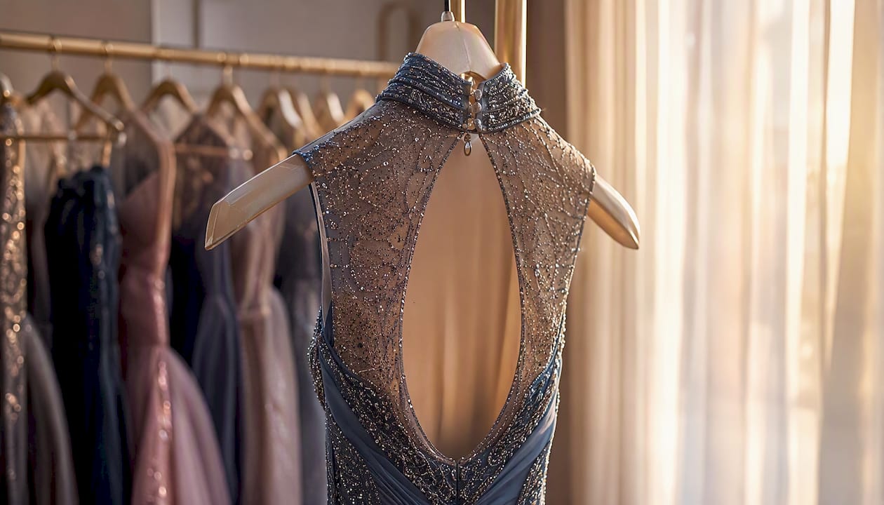 Back detail of high neck low back formal dress