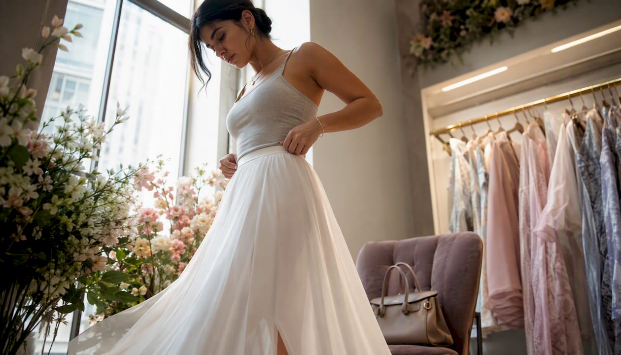Woman adjusting waist of two-piece white prom dress