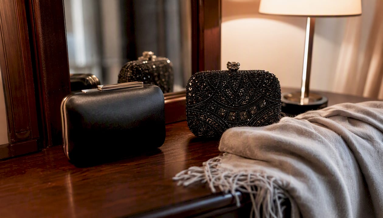 Two evening bags on marble surface