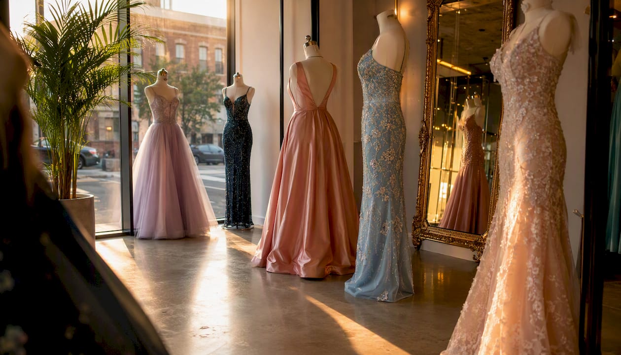 Mannequins wearing spring gala dresses in boutique