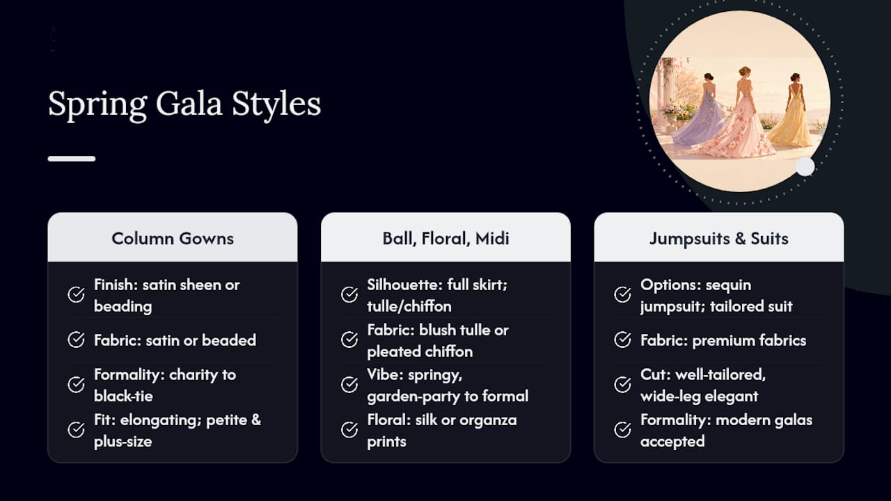 Comparison chart of spring gala dress styles