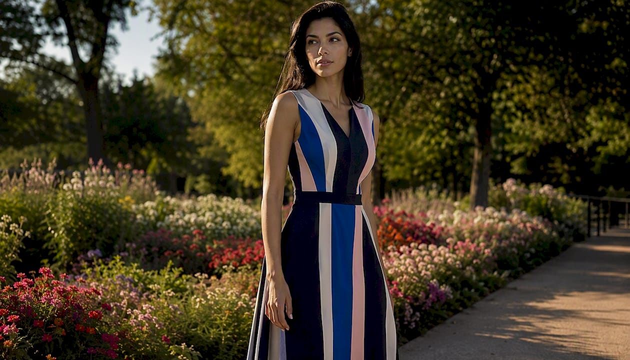 Tall woman wearing vertical-patterned formal dress