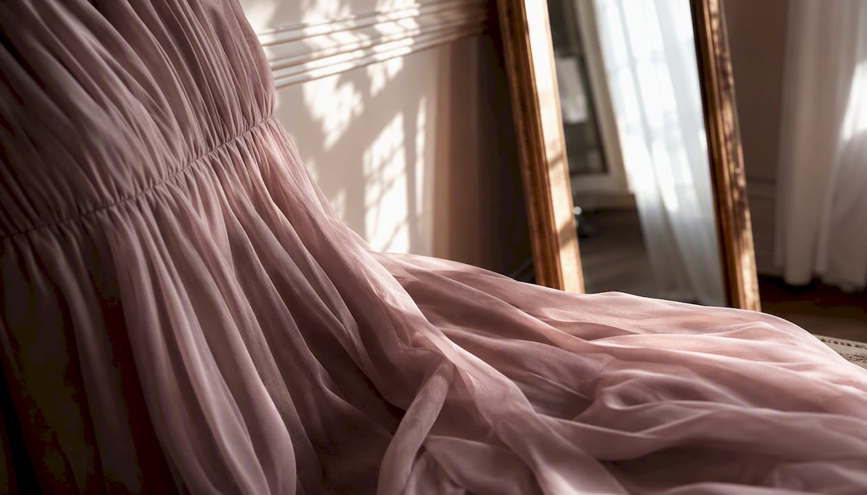 Close-up of empire-waist chiffon fabric