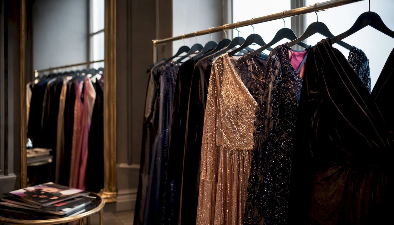 Plus-size formal gowns on boutique rack