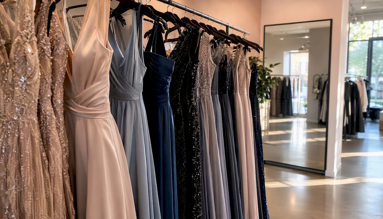 Rack of diverse elegant gala dress silhouettes