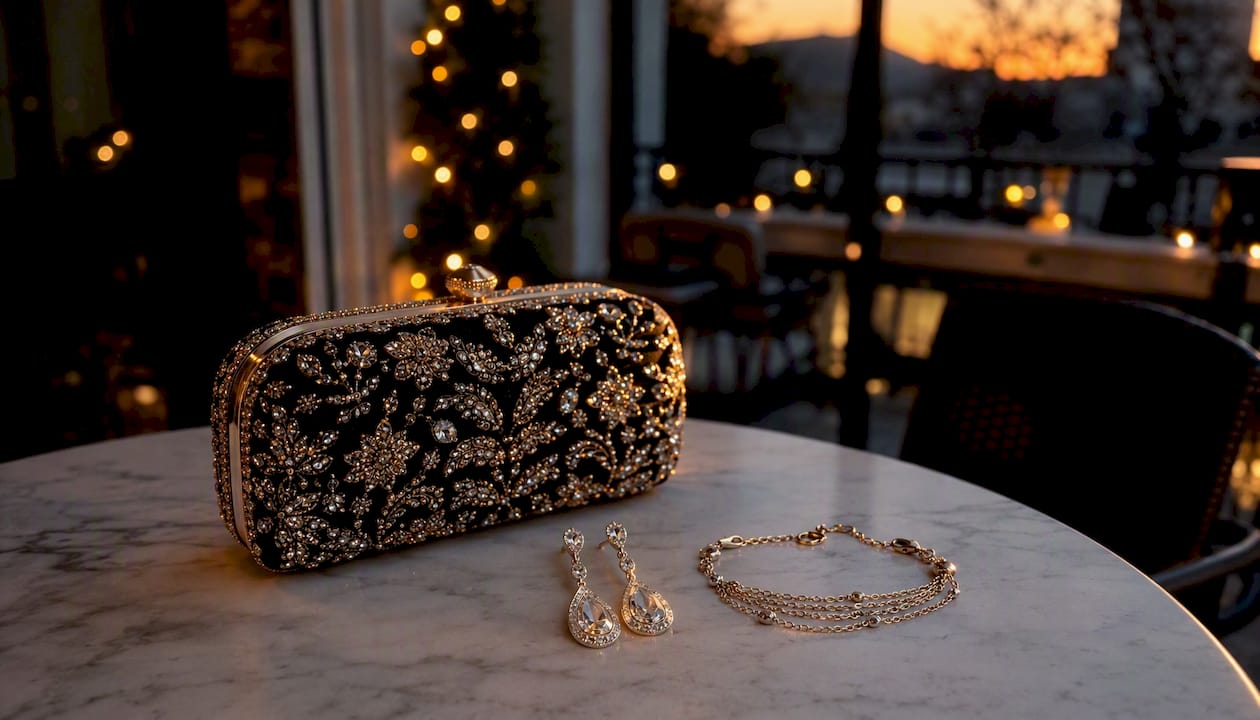 Beaded clutch and delicate jewelry on velvet