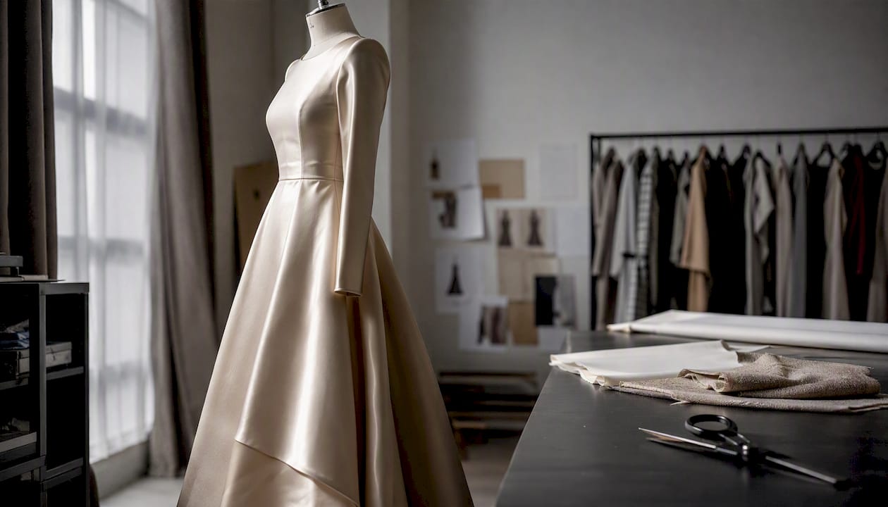 Mannequin dressed in lined crepe gown