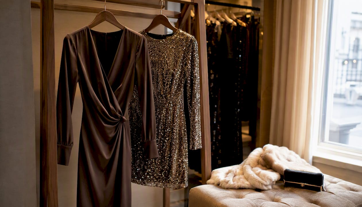 Velvet and sequin winter cocktail dresses on rack