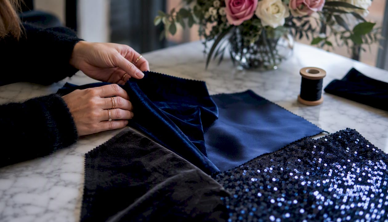 Close-up of winter dress fabrics velvet satin sequins